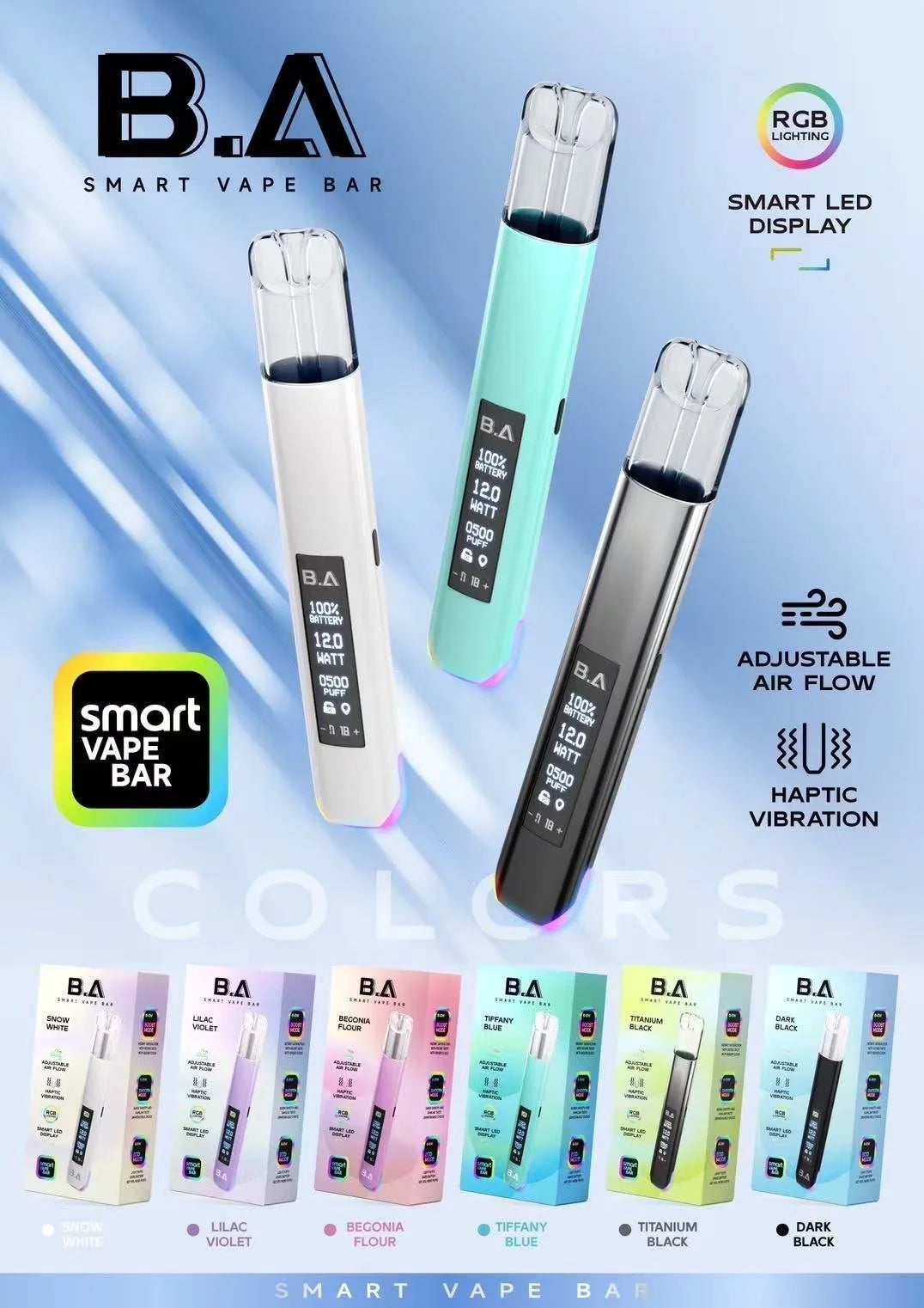 【B.A 一代可調LED主機】發光顯示屏一代煙桿 可調功率 智能 Vape Bar 台灣現貨 多色選擇